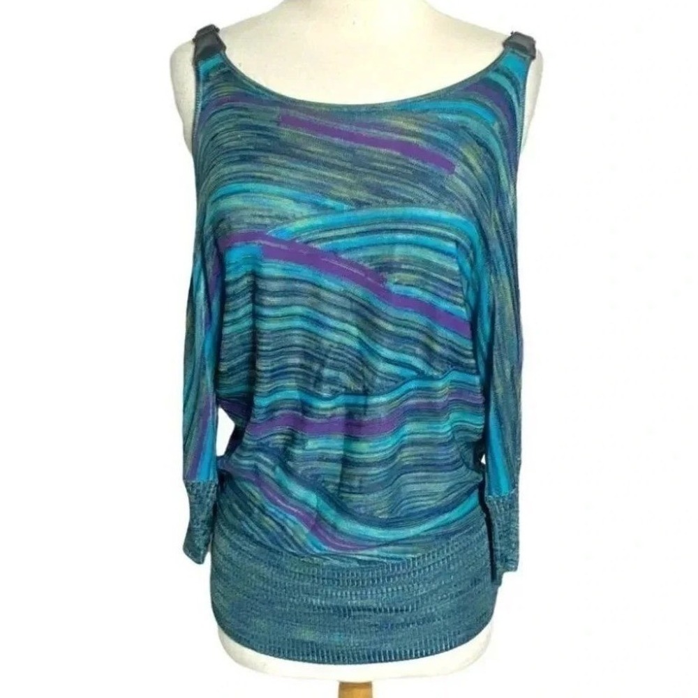 Cache Cold Shoulder Top M‎ Blue Purple Striped Batwing Blouson Knit Buckle Strap